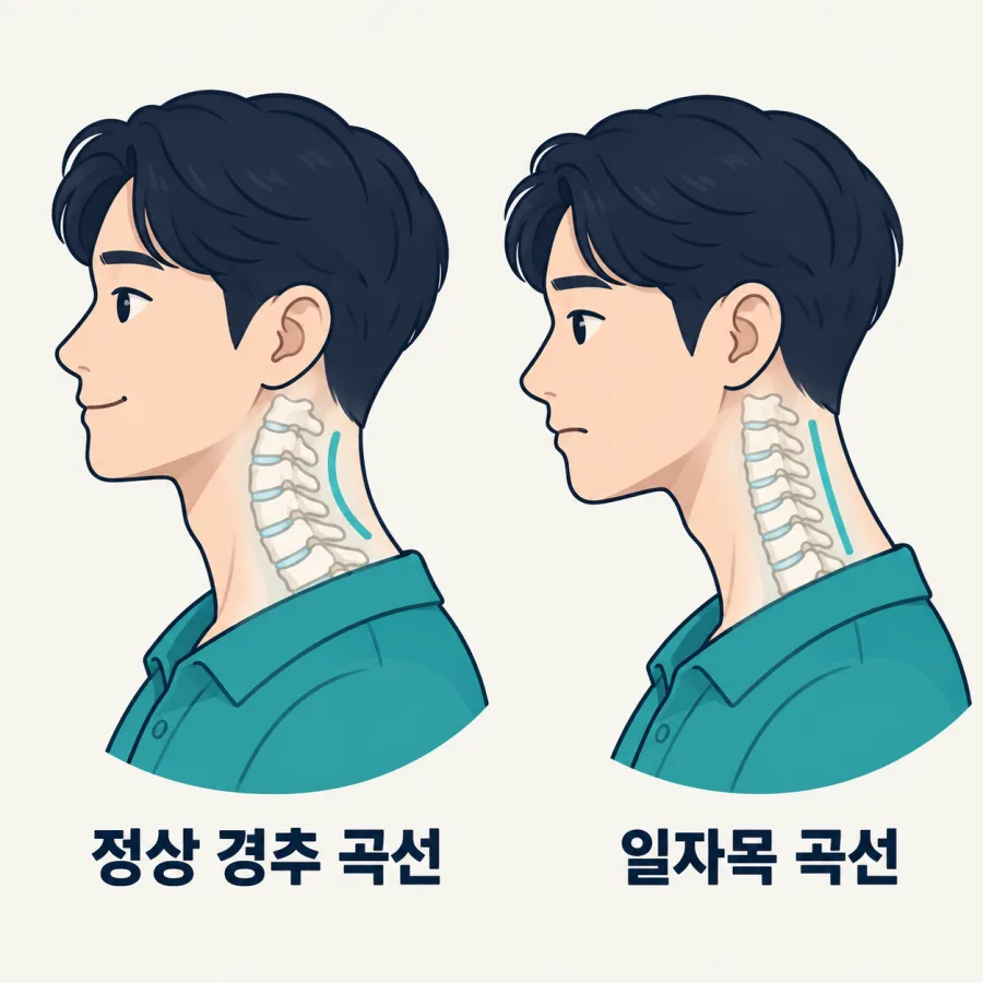 옆에서 본 목뼈 모양 비교 — 정상 경추 곡선(왼쪽)과 앞으로 볼록한 곡선이 사라진 일자목 곡선(오른쪽)