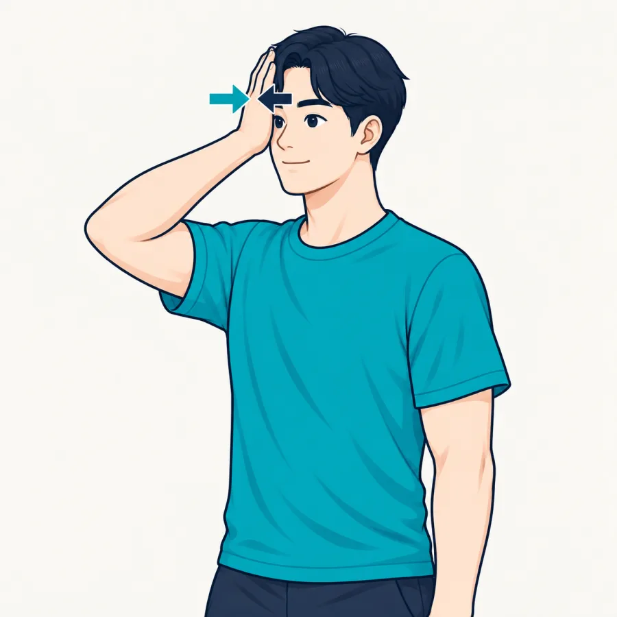 목근육 강화운동 2 — 손바닥을 이마에 대고 서로 반대 방향으로 미는 동작