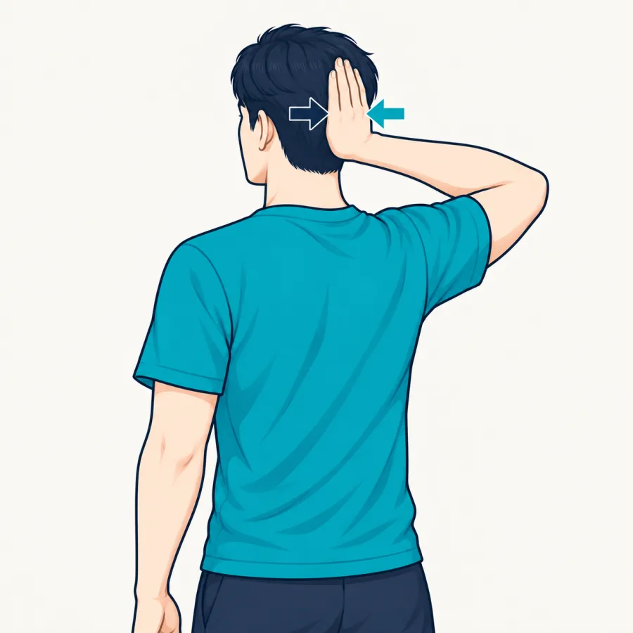 목근육 강화운동 3 — 손을 머리 뒤에 대고 머리는 뒤로, 손은 앞으로 서로 반대 힘을 주는 동작