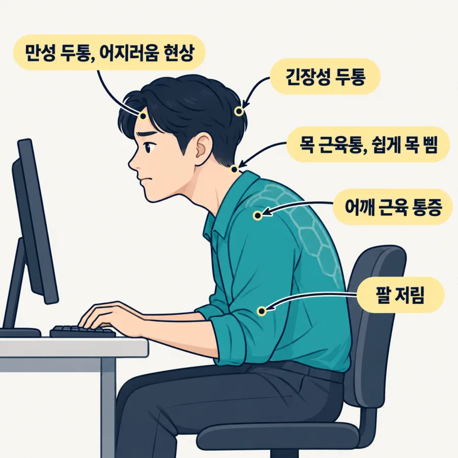 컴퓨터 앞에서 목을 앞으로 내민 자세로 생기는 증상 — 만성 두통·어지러움, 긴장성 두통, 목 근육통, 어깨 근육 통증, 팔 저림