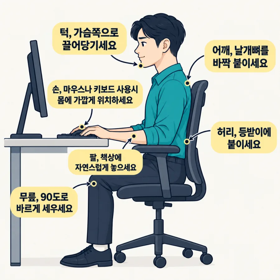 책상에 앉을 때 목 건강에 좋은 자세 — 턱 당기기, 어깨·날개뼈 붙이기, 손 몸에 가깝게, 팔 책상에 자연스럽게, 무릎 90도, 허리 등받이에 붙이기