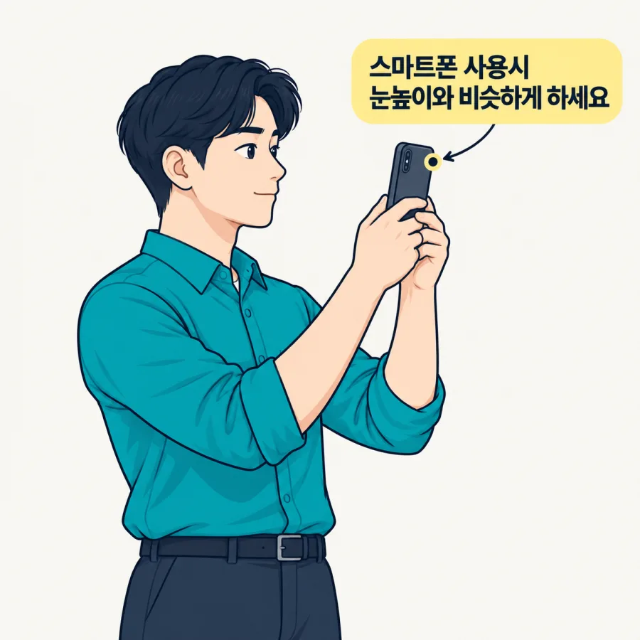 스마트폰을 눈높이와 비슷하게 들어 고개 숙임을 줄이는 자세