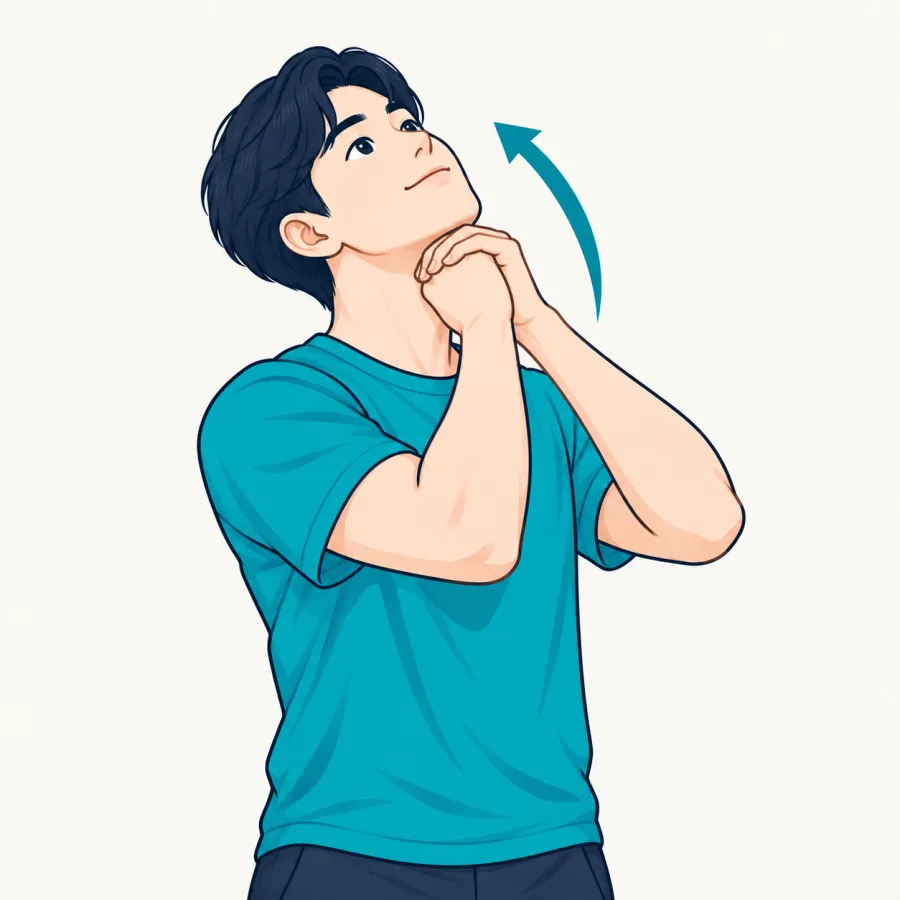 목 스트레칭 2 — 엄지손가락으로 턱을 밀어 올려 목을 뒤로 젖히는 동작