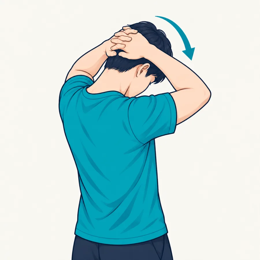 목 스트레칭 3 — 깍지 낀 손으로 뒷머리를 지그시 앞으로 눌러 목을 숙이는 동작