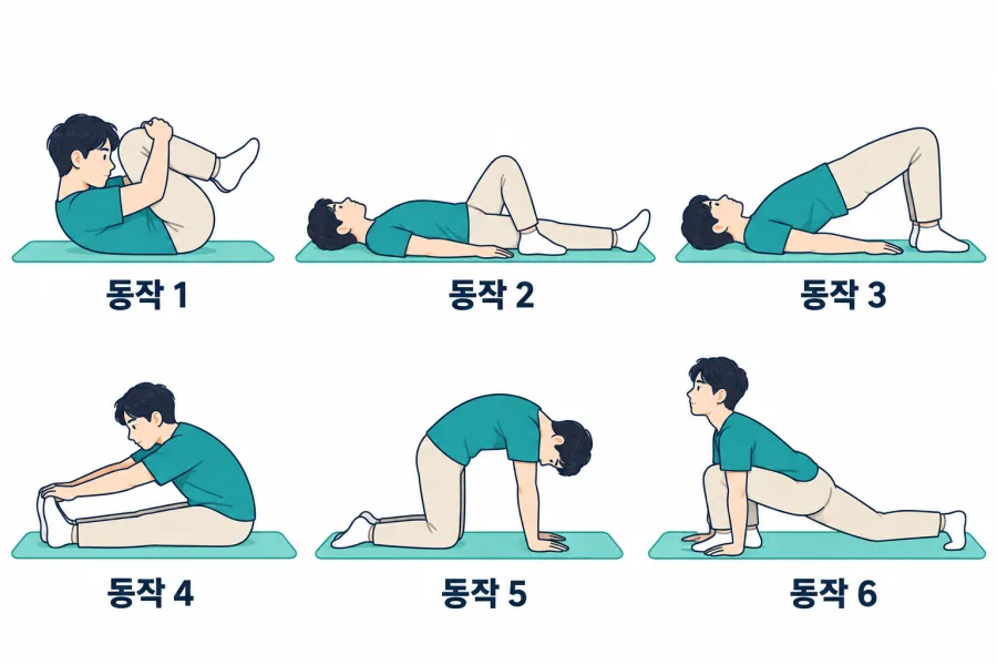 그림: 누워서 무릎을 당기는 등 허리를 앞으로 굽히는 굴곡운동(윌리엄스 운동)의 여러 자세